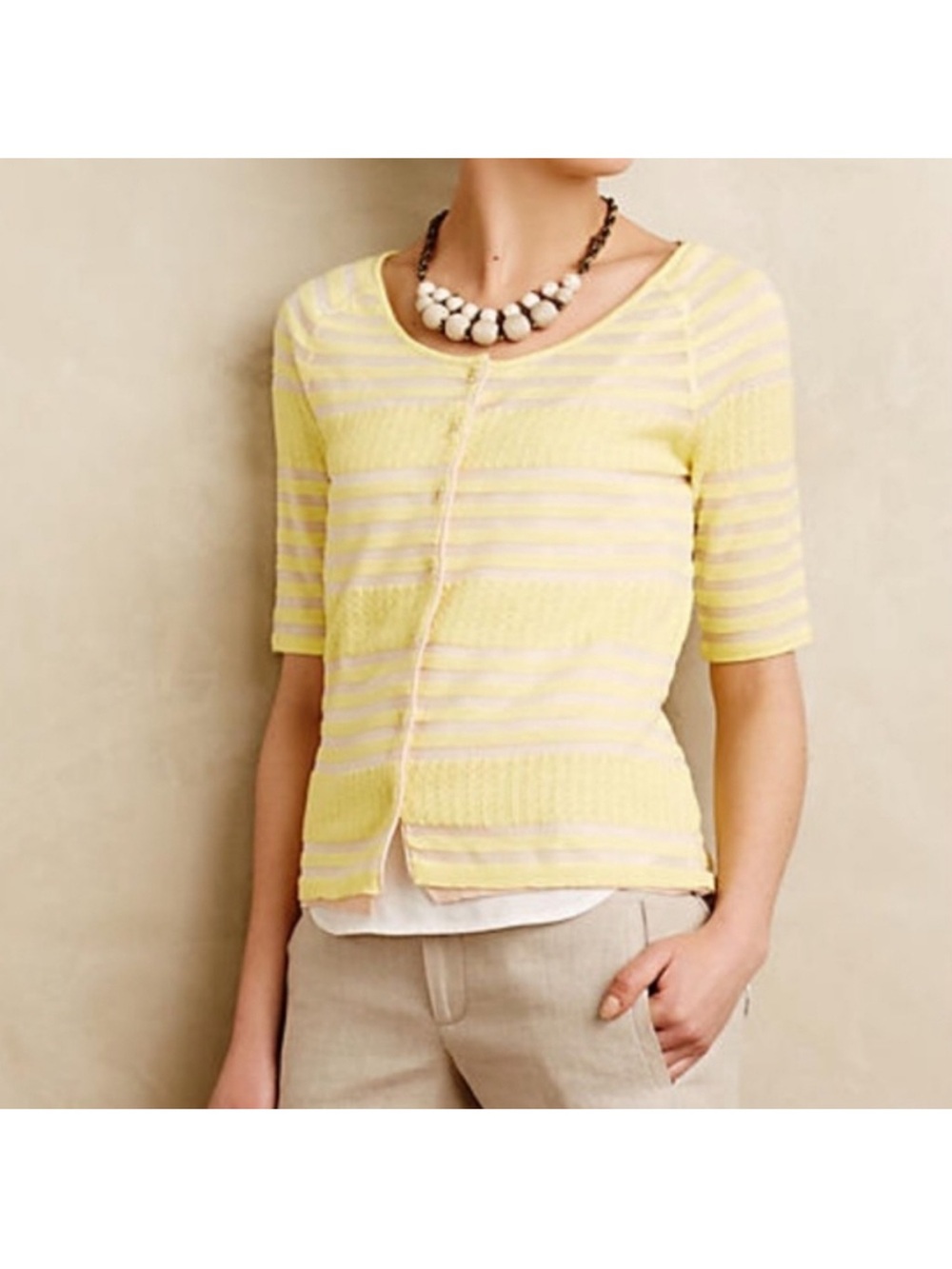 Anthropologie Moth Yellow Striped Button Front Ribbed Knit Cardigan Sweater